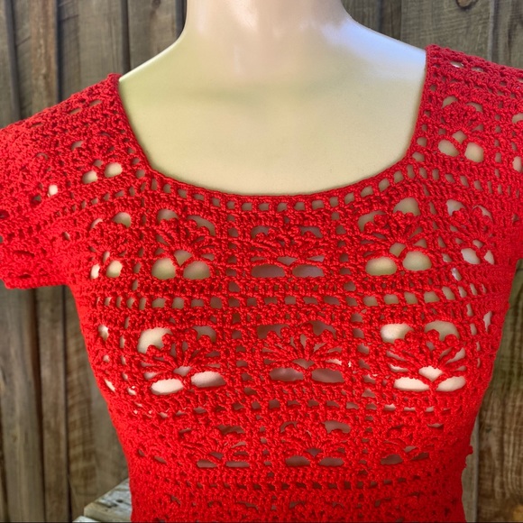 Vintage red crochet top, hollow knit, peek a boo retro shirt, Valentines, XS - Picture 5 of 14